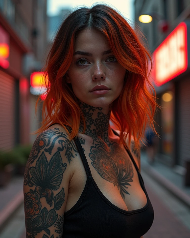 photo of a beautiful woman with dragon tattoos and a nose piercing, ((full body shot)), in new york, skinny, ((extreme skin detail)), hdr, ((ultrarealistic)), ((photo)), bokeh, depth of field, 8k uhd, dslr, soft lighting, high quality, Fujifilm XT3