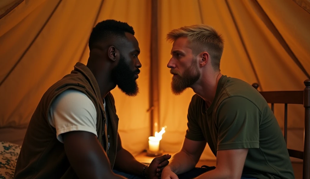 A black red-haired man with his muscular male partner with a large brown wavy scar in the forest 