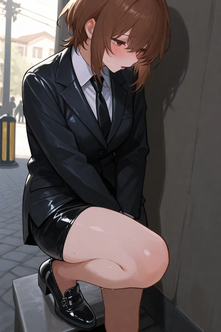 (Masterpiece, top quality, high resolution, realistic photo, realistic looking skin:1.1),
(The woman is hiding in the shadows in a business district at night:1.5),
(She is crouching and hiding: 1.5),
(Her body is facing us so we can see her panties: 1.5),
(She looks like a mentally troubled person:1.5),
(She is wearing a high  blazer and a mini-skirt: 1.8),
(She wears baggy socks: 1.8),
(She is wearing black loafers: 1.8),
(Her skirt is so short you can almost see her panties: 1.5),
(She has medium brown hair: 1.5),
(Location: business district at night: 1.5),
1 Japanese girl, solo, full bodied esbian, beautiful eyes, glowing eyes, glowing thighs, NSFW