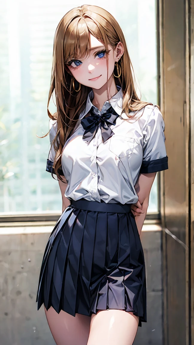 Thai girl, ponytail, convent, white shirt, long sleeves, loose necktie, navy blue long skirt, black belt,