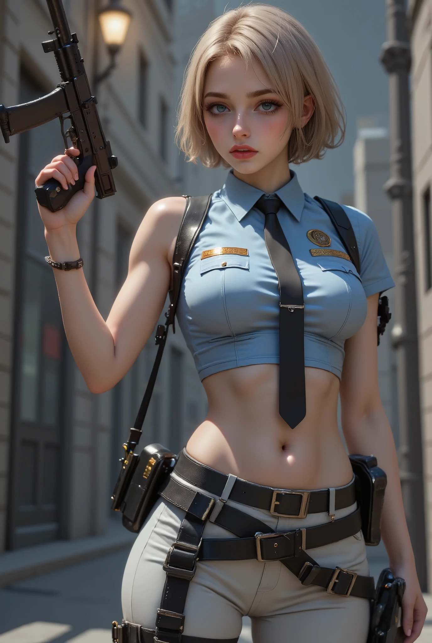 1girl (masterpiece, photo-realistic:1.4), (tight American police uniform:1.2), (blonde hair:1.2), (seductive pose:1.1), (pouty red lips:1.2), revealing bra, ample bosom, torn pants, (provocative expression:1.1), depth of field (DOF), high megapixel rendering, cinematic lighting, anti-aliasing (FKAA, TXAA, RTX), Screen Space Ambient Occlusion (SSAO), post-processing effects, tone mapping.