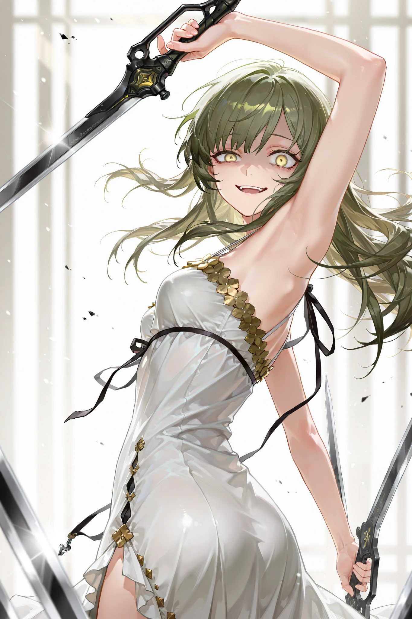 style of [arknights|(748cmstyle:0.5)], god rays, cinematic shot, mature, young adult, masterpiece, best quality, amazing quality, very aesthetic, high resolution, ultra-detailed, absurdres,
1girl, woman, solo, alone,(dynamic pose, side eye, looking at viewer, upper body focus, rear shot, angled shot, three quarter view, close up, cowboy shot:1.2), acrobatic pose, attack pose, dual wielding glass hook swords, hooked swords, green eyes, yellow eyes, deep green hair, flowing hair, smirk, constricted pupils, yandere, gesugao, open mouth, happy, small breasts, white clothes, [(white gore magala armor:0.22)|white greek dress with golden accents, ornate dress with armoured trim:0.4], novuschroma79 style, glitch art photo
BREAK, depth of field, volumetric lighting
 