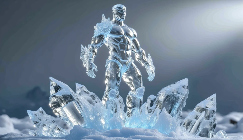 photo of a man, a man as a (made_of_ice:1.3),  perfect muscled body, on a pedestal, modelshoot style, photo of the most beautiful artwork in the world, High Detail, Sharp focus,(((in the snow))), full body, (closeup),    <lora:made_of_ice:0.6>,