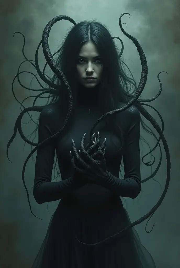 a void creature like woman with black tentacles embracing the viewer