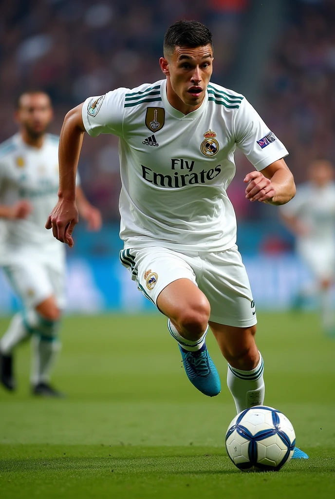 create an image of a man, wearing a Real Madrid shirt, with the name "Josué" number 8 (camera on the left side) and kicking the ball with his right leg (ultra realistic) (no beard)