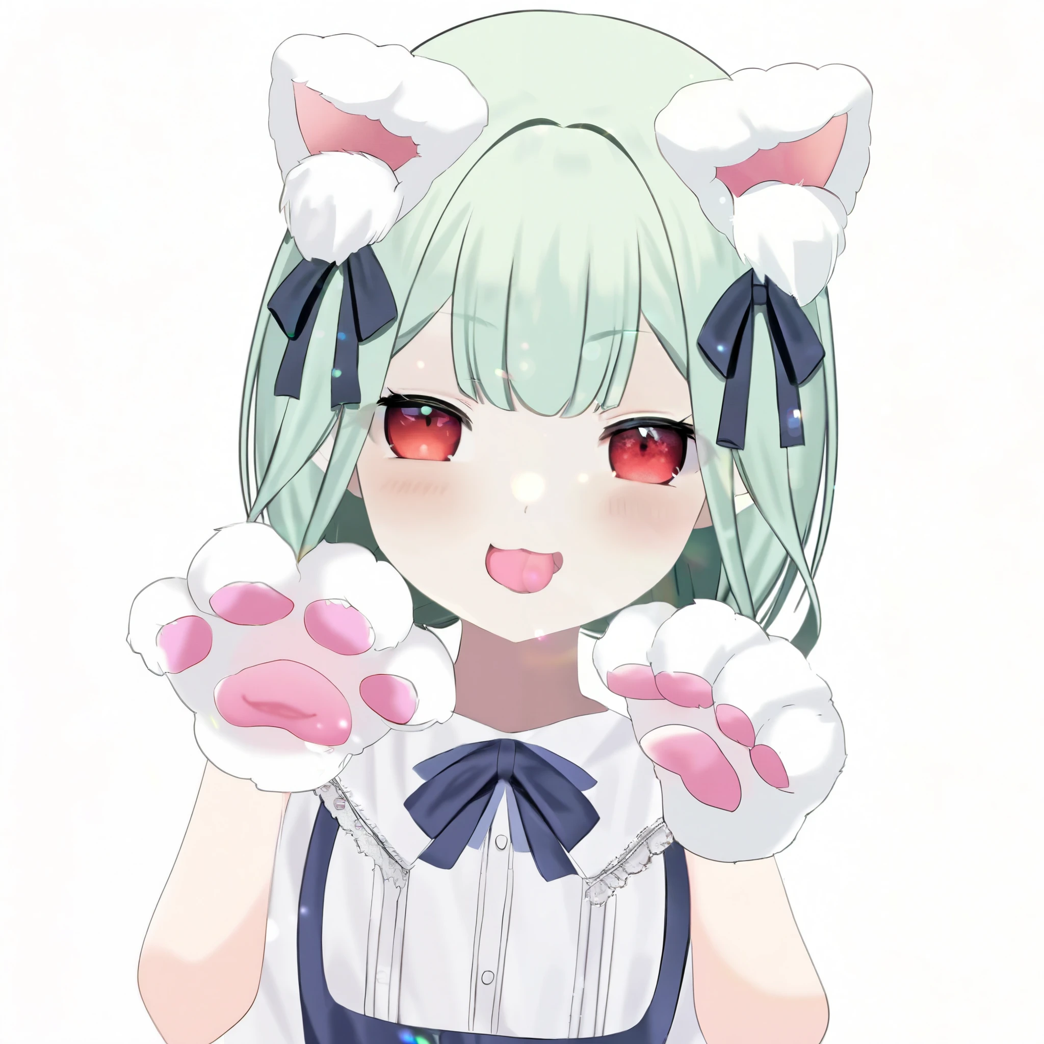 a cartoon girl dressed in outfit holding onto fish with text bubbles describing her reaction to the fish, 1girl, animal ears, solo, open mouth, collar, erune, smile, fang, grey hair, looking at viewer, naked apron, blush, apron, gloves, white background, full body