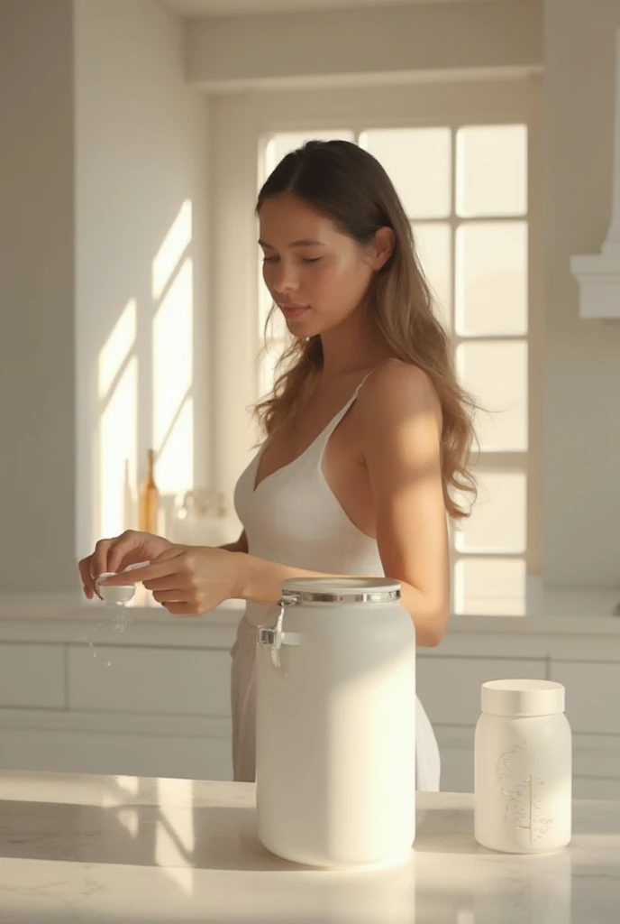 A stylish woman in a bikini and high heels, posing next to a standing beauty device in a modern studio. The model presents the device with a graceful hand gesture, her other hand resting on her hip. The background is a pure white, enhancing the professional and clean look of the image. Soft, diffused lighting emphasizes the woman's fit physique and the elegance of the machine. High detail, sharp focus, HD quality, studio photography --ar 2:3 --v 6.0