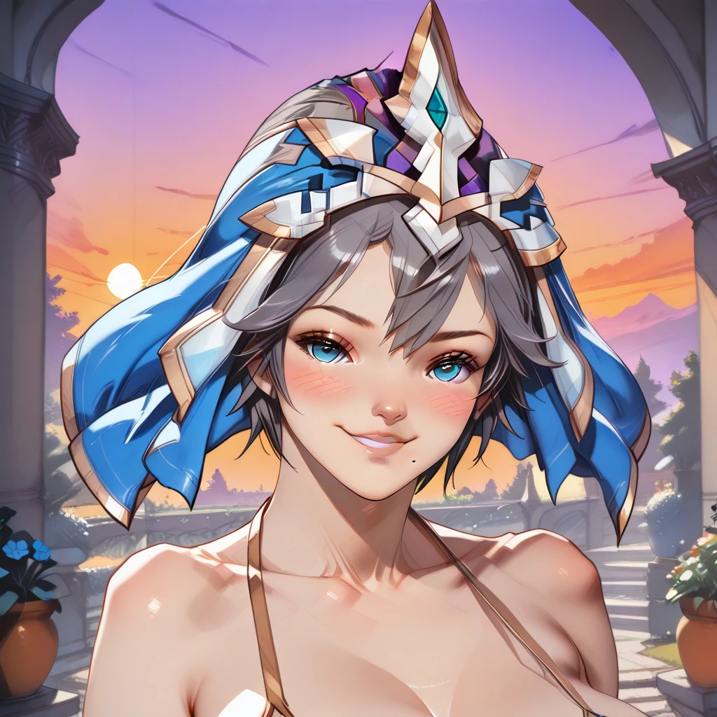 Woman with straight wine red purple hair with yellow eyes, Red lips, arrogant smile, exercised body with sexy two-piece Egyptian clothing, exercised arms,