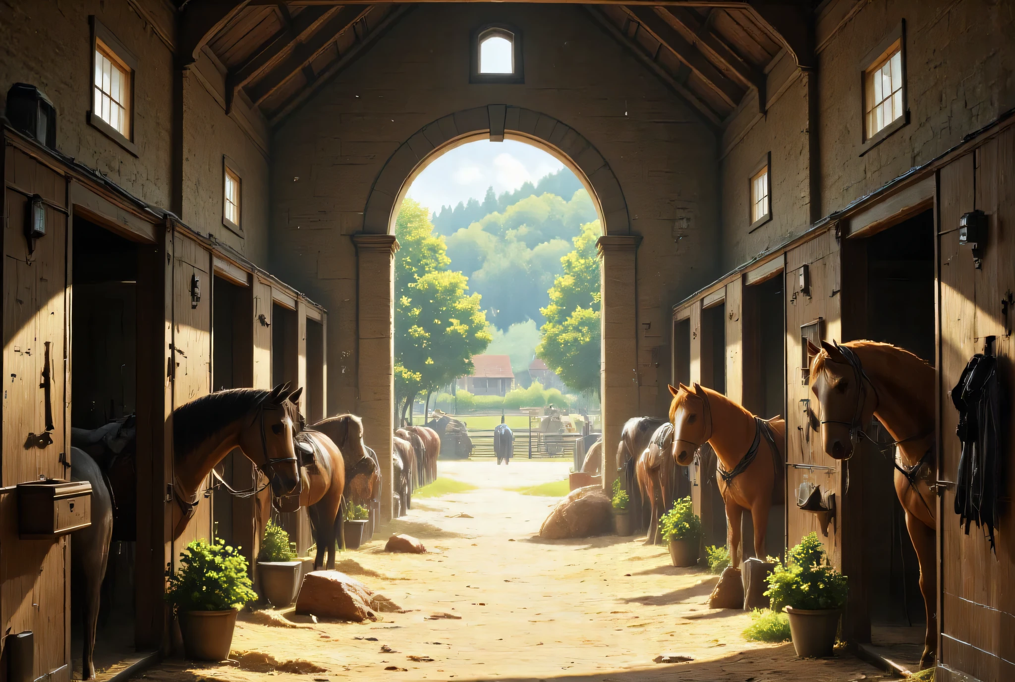 masterpiece, High Definition, Illustration, anime style, Stable, a sturdy stone building with the distinctive scent of hay, leather, and horses permeating the air. Inside, rows of wooden stalls line the spacious interior, some occupied by horses, others freshly cleaned and waiting. Sunlight filters through high windows, illuminating dust motes dancing above the straw-strewn floor. The sounds of horses softly snorting, shifting in their stalls, and the occasional rhythmic clang of metal from tack in the nearby tack room create a comforting, working atmosphere. Halters, bridles, saddles, and grooming brushes hang neatly in the tack room, the leather worn smooth with age and use. Outside, the stable yard offers views of paddocks and riding trails leading into the surrounding woods. The Stables are a place of honest physical work, and a haven for those who appreciate the quiet strength and presence of horses, imbued with a blend of rustic charm and functional purpose.