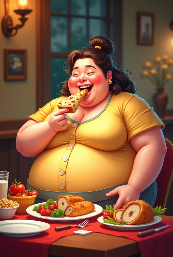 Fat girl eating food in tight clothes