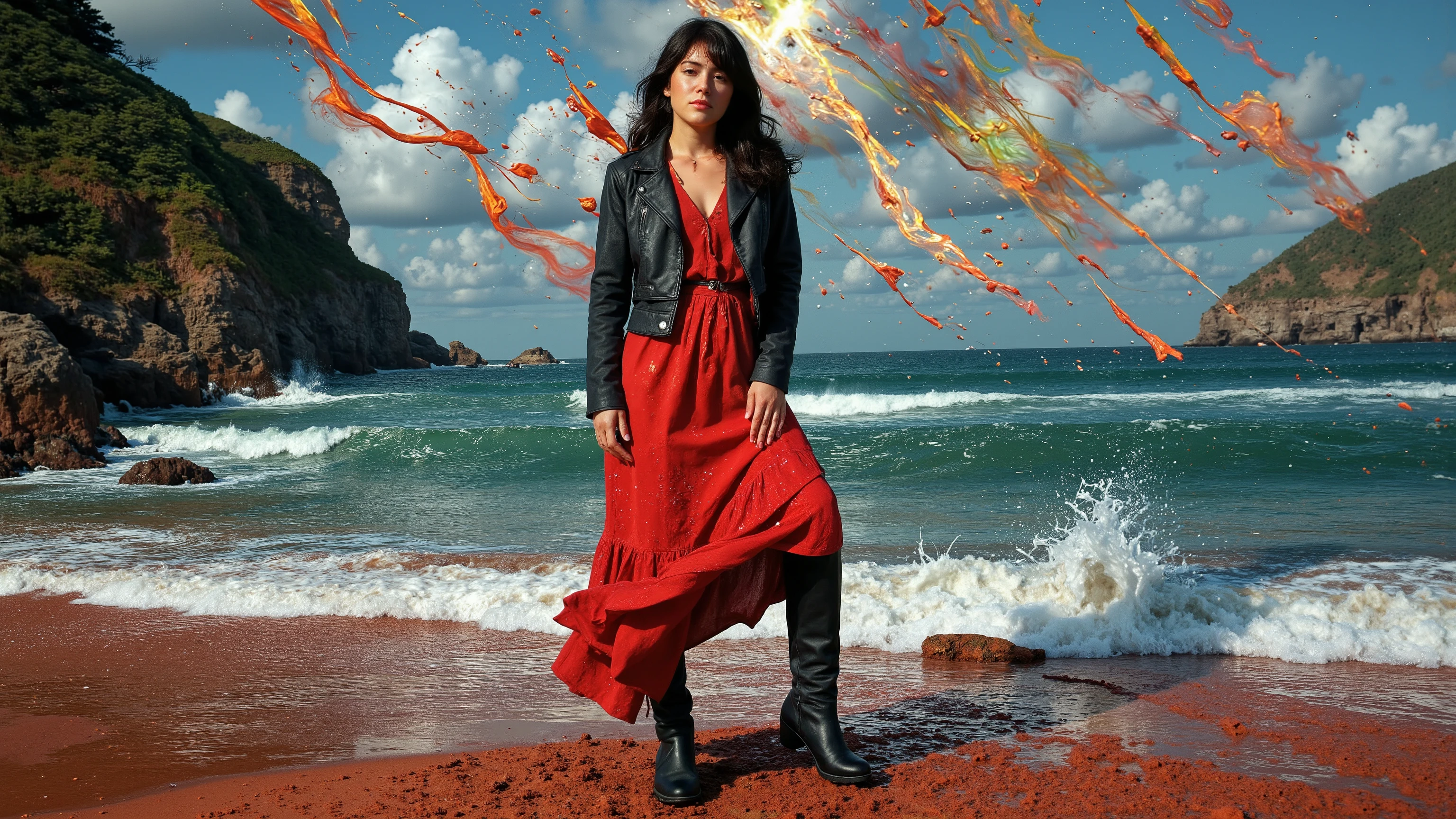 Prompt: A captivating, fantasy portrait of a confident woman standing tall in the rain, exuding an enigmatic aura. She dons a black leather jacket, a red dress, and high black boots, with dark eyes and flowing loose black hair cascading down the left side of the canvas ink splash art piece featuring a strong female figure clad in a fiery red dress and a black hooded leather jacket. The contours of her face and body are boldly defined by expressive, sharply etched strokes, creating a striking contrast to her vibrant attire. The background is a whirlwind of turbulent energy, with a stormy sky and sea displaying stark lines and vivid hues. Waves crash dramatically against the shore, and the woman stands unwavering, embodying resilience, determination, and inner strength amidst the chaotic environment, ukiyo-e, dark fantasy, cinematic, poster, painting, photo, architecture, product, wildlife photography, typography, 3d render, illustration, vibrant, anime, conceptual art, graffiti, fashion, portrait photography, Painstaking attention to details