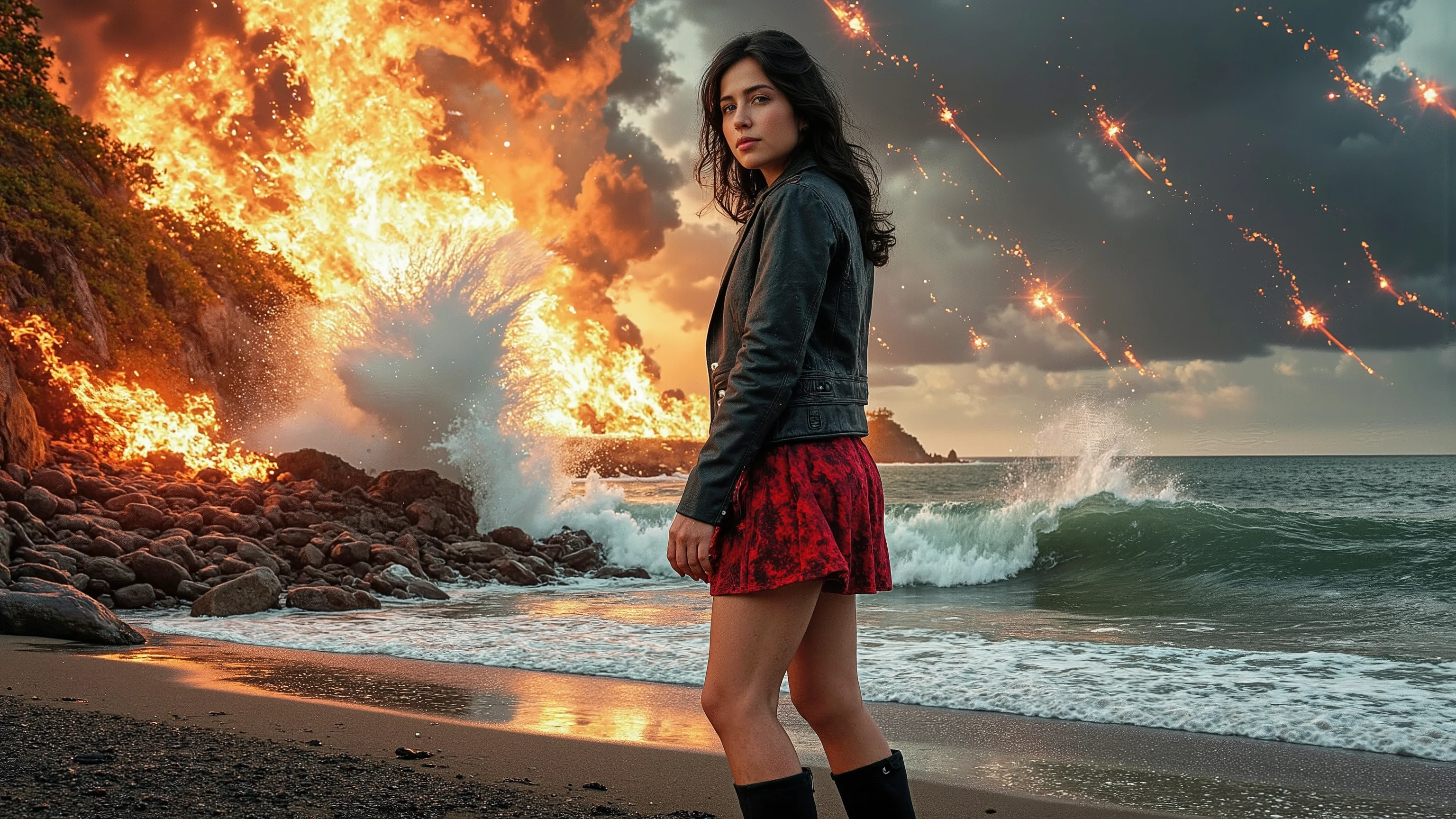 Prompt: A captivating, fantasy portrait of a confident woman standing tall in the rain, exuding an enigmatic aura. She dons a black leather jacket, a red dress, and high black boots, with dark eyes and flowing loose black hair cascading down the left side of the canvas ink splash art piece featuring a strong female figure clad in a fiery red dress and a black hooded leather jacket. The contours of her face and body are boldly defined by expressive, sharply etched strokes, creating a striking contrast to her vibrant attire. The background is a whirlwind of turbulent energy, with a stormy sky and sea displaying stark lines and vivid hues. Waves crash dramatically against the shore, and the woman stands unwavering, embodying resilience, determination, and inner strength amidst the chaotic environment, ukiyo-e, dark fantasy, cinematic, poster, painting, photo, architecture, product, wildlife photography, typography, 3d render, illustration, vibrant, anime, conceptual art, graffiti, fashion, portrait photography, Painstaking attention to details