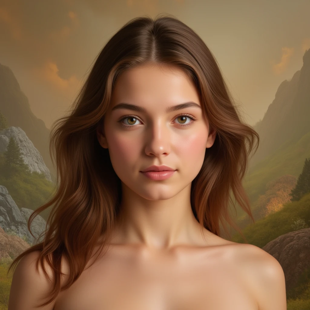1 woman((realist:1, happy)), masterpiece, Best Quality, ultra detailed, Alone, outdoor, (evening), mountains, nature, (stars, officer) happy, happy, nude, brown hair, Long hair, black eyes, happy, sexy, Whole body