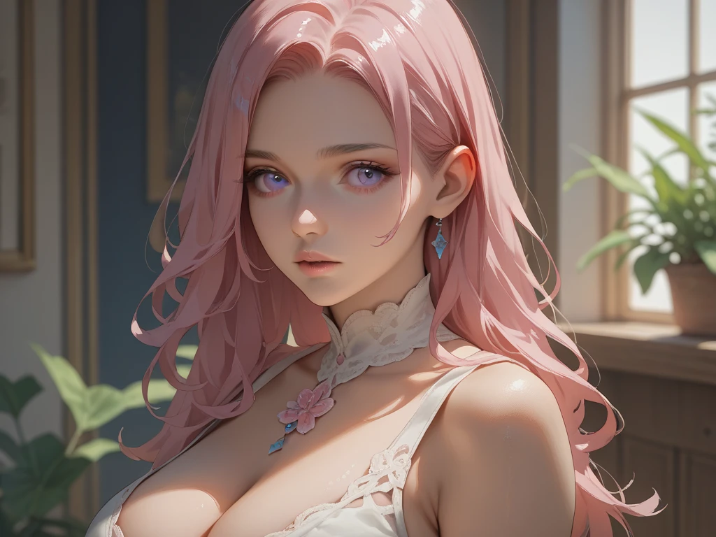 young woman, short shoulder-length pink hair, wide forehead, porcelain skin, pink eyebrows, big emerald green eyes, buttoned nose, full lips, heart-shaped face, slender body, small breasts, red tank top, Sakura Haruno , realistic, realism, details, 3d, well detailed