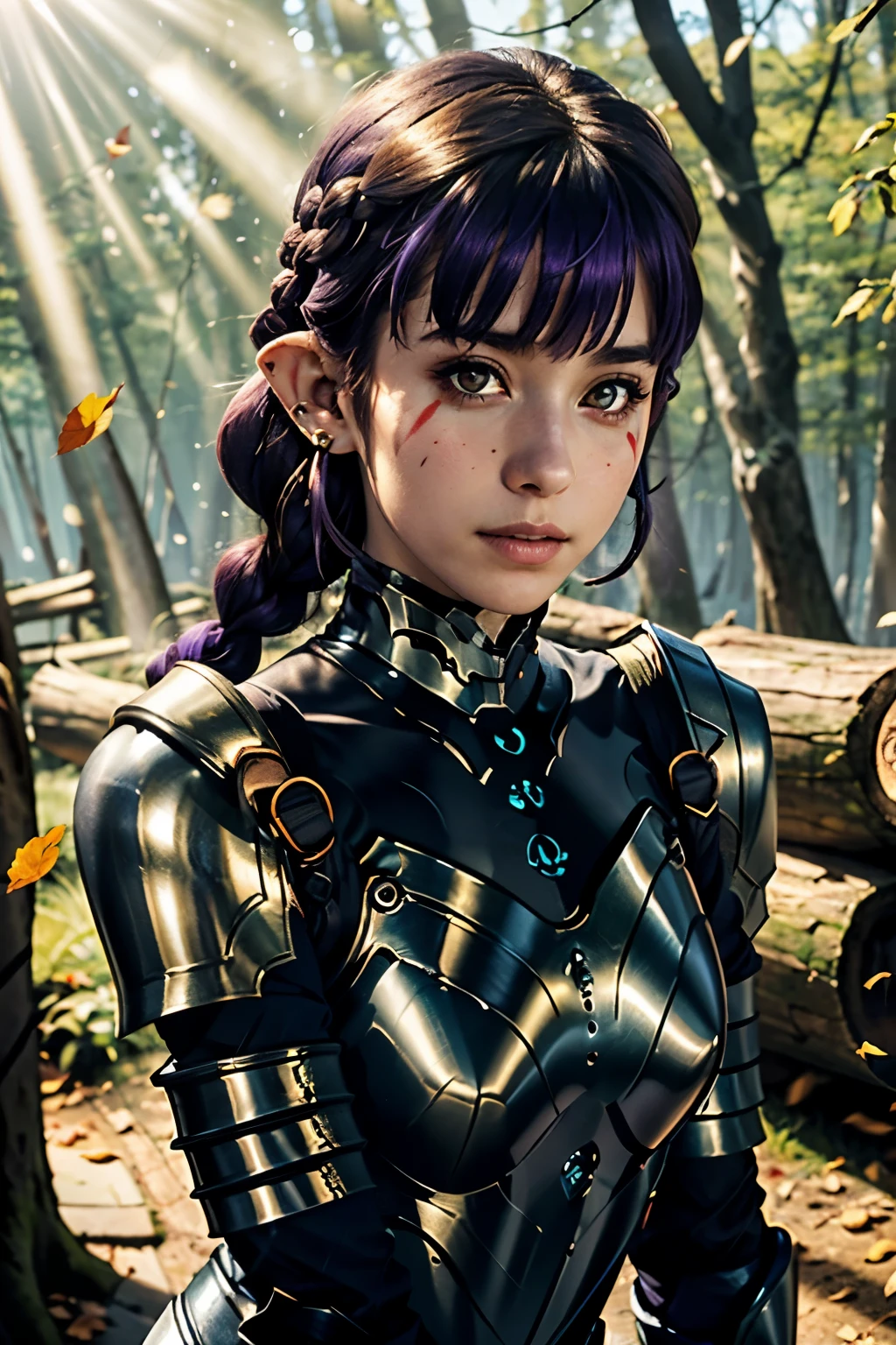 (esil radiru:1.2), 1girl, solo, cowboy shot, standing, Korean, a beautiful girl, 20 year-old, Delight, looking at viewer, (red eyes, purple hair, long hair, braid:1.2), pointy ears, (facial mark:1.2), tall, Athletic, large breasts, narrow waist, wide hips, thick thighs, (red amor, full armor, bronze armor, gold trim, pauldrons, gauntlets, earrings), nice hands, perfect hands, high detail skin, real skin, skin texture, (spring \(season\), Enchanted Forest, log, dappled sunlight, sun glare, falling leaves:1.2), (masterpiece, top quality, best quality, official art, beautiful and aesthetic:1.2), extreme detailed, epic cinematic, soft nature lights, rim light, absurd, amazing, hyper detailed, ultra realistic, soft colors,