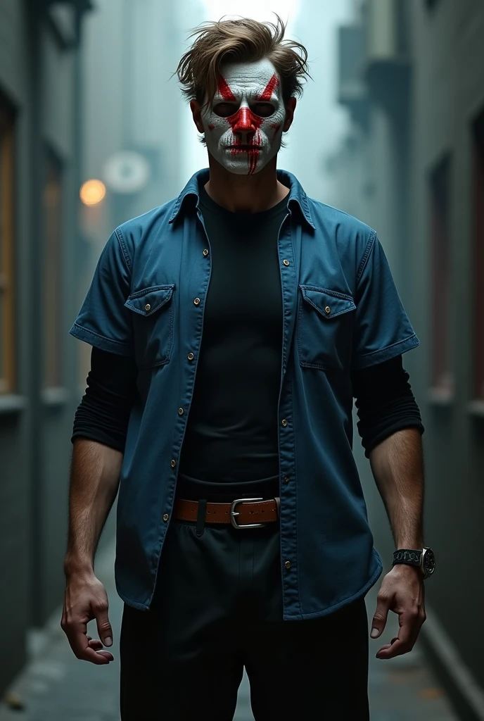 A powerful portrait of a Nu Metal band leader striking a dynamic pose, perfect for a rock poster. The band leader is wearing a full-face white mask with no openings, completely smooth and featureless except for a large red 'X' with black flame-like edges that cuts across the entire mask from top to bottom. The mask completely obscures the eyes and any facial features. He is dressed in a blue dress shirt with red stains, paired with worn jeans that have multiple rips. In the background, there is a blurred image of a band, making it impossible to identify any members, but adding to the intense and rebellious vibe typical of Nu Metal aesthetics.