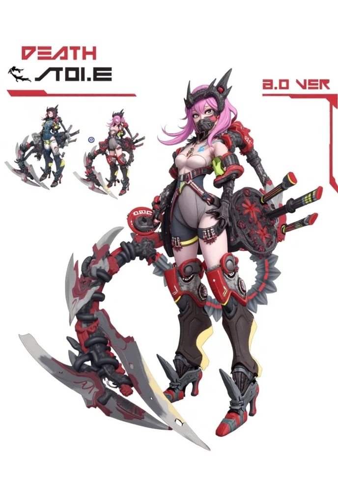 (Same character, front, side, back), (full body), generative front view, side view, back view, 3 view, 8k wallpaper, (HDR:1.2), succubus, female, red skin, huge breasts, wide hips, thick thighs, extremely detailed, curled horns on head, 3 d character reference sheet, nude human torso, character with black spider legs, character with black robotic arms
