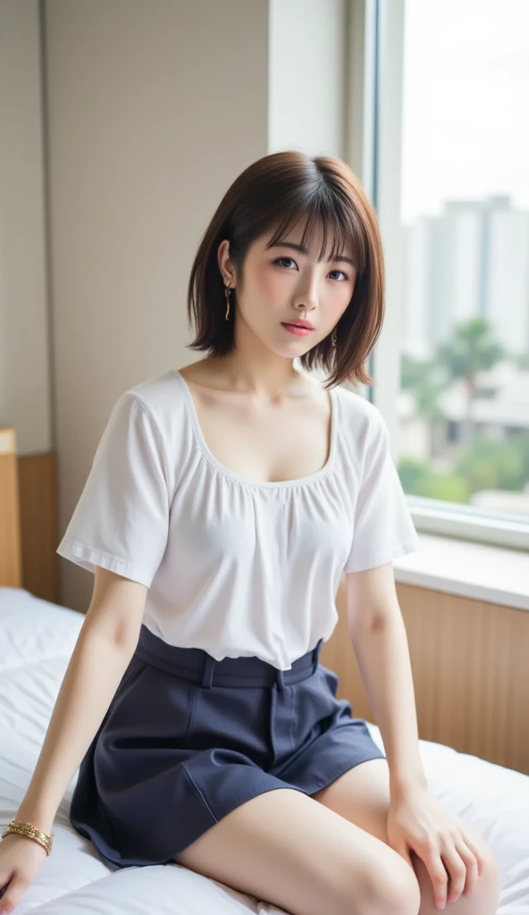 (scissors:1.5,hand up:1.5),(Wearing a light-colored shirt:1.5),A hair salon with chairs lined up,(The skin is wet from sweat:1.2),beautician,looking at the camera,Cleavage,smile,skirtリフト、skirtを手で上げる,woman, 20-year-old, Short Hair、bangs、(skirt),(White lace panties)、Cute earrings,Natural lighting