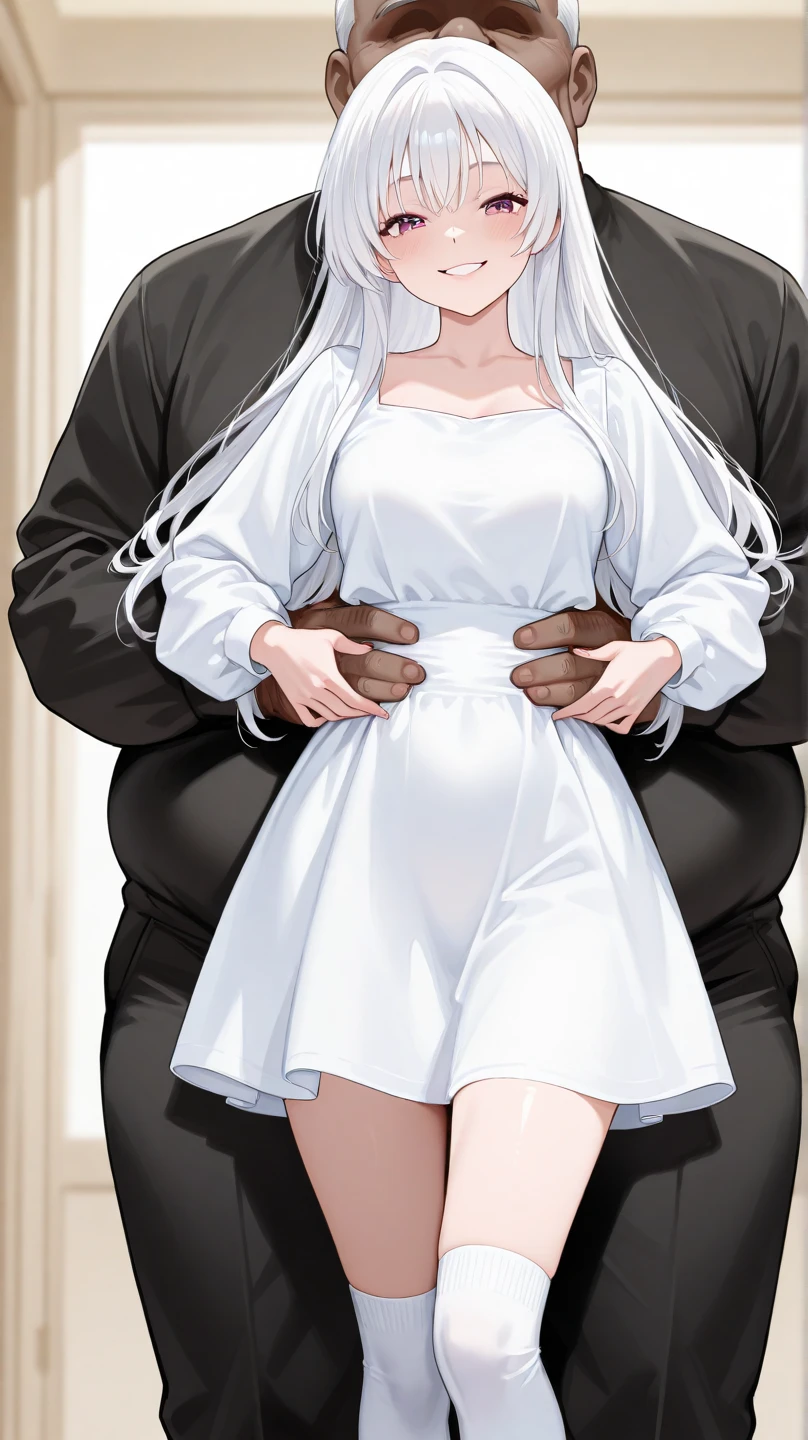 white woman with big tits kneels in front of naked black man and blowjob the Erect penis of the black man in front of her who is standing, camera from the side