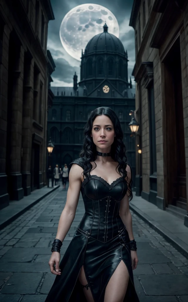 woman with curly brown hair, slightly ashy hair, pale skin color, Blue eyes, fright, in a corset and with belts, dark fantasy character design, epic exquisite character art, dark fantasy art, with the appearance of Katie McGrath, Dark Sorceress Full View, Amazing character art. squatting