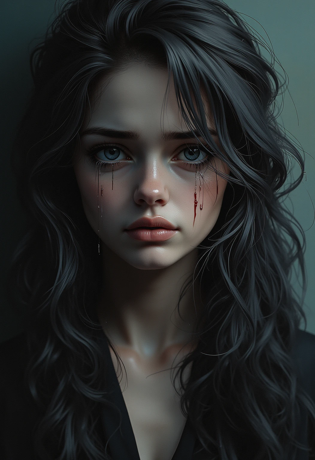 (Masterpiece in maximum 16K resolution:1.6), (intricate detail:1.4), (extremely insane detail:1.4),(highest quality:1.3),(Hyper_realistic:1.3). | ((Dark_color_tones):1.3),(crying face):1.3),((wide angle shot):1.2), ((Dripping tears):1.2), Clear light, Edge lighting, Perfect image, 16k UE5,editorial painting, superfine, Depth of field, Ultra-realistic, no contrast, clean sharp focus, professional painting, No blurring. | (watercolor painting, dark color, sharp focus), (Pretty Supermodel beauty), Agnes Cecile painting, kinetic expression, darl colorful hair, (Splash and Drip Art Minimalism:1.1), style painting magic. | ((She is crying):1.3),((perfect_pose):1.5), ((perfect_fingers, better_hands, perfect_hands, perfect_legs):0.7), (((More_Detail))).