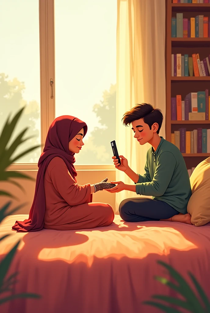 Anime Boy with beard and anime girl with hijab playing mobile phone games