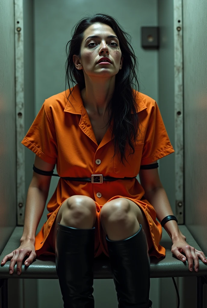 Woman strapped to electric chair　Black short hair　White gym clothes　uniform　White knee socks　Just below the knee　Severe pain　Crying　Cry　Lots of tears　Glare　Handcuffs　Shackles　Electric shock　Wide-open legs　electrode
