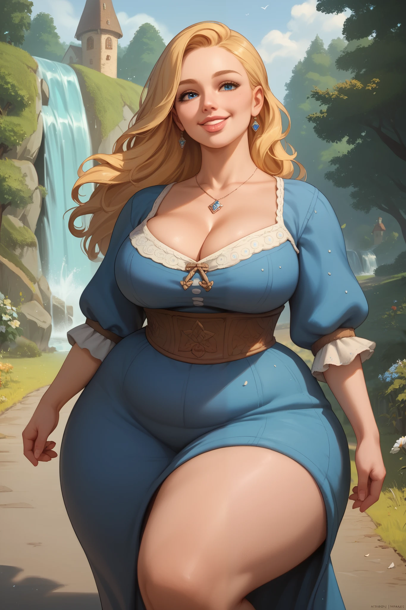 High quality, high resolution, masterpiece, intricate details, 1 girl, medieval times, medival blue dress, beautiful face, gorgeous, long blonde hair, captivating blue eyes, plump lips, big breasts, cleavage, slim waist, wide hips, big butt, (massive thighs:1.3), beautiful legs, village, outside cozy cottage, road, forest, waterfall, beautiful scenary, kind smile, happy, day.