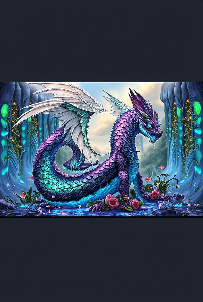 A white dragon lies in the middle of an endless field full of violet flowers., surrounded by snow-capped mountains and a blue sky shining with golden rays of sunset. The whole scene is filled with a dreamlike atmosphere.,