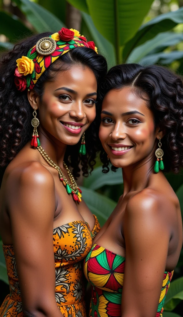 (best quality,4k,8k,highres,masterpiece:1.2),ultra-detailed,realistic,portrait,beautiful,detailed,smiling,african woman,amazon,tarzan clothing,vibrant colors,shady lighting,lush vegetation,exotic birds
