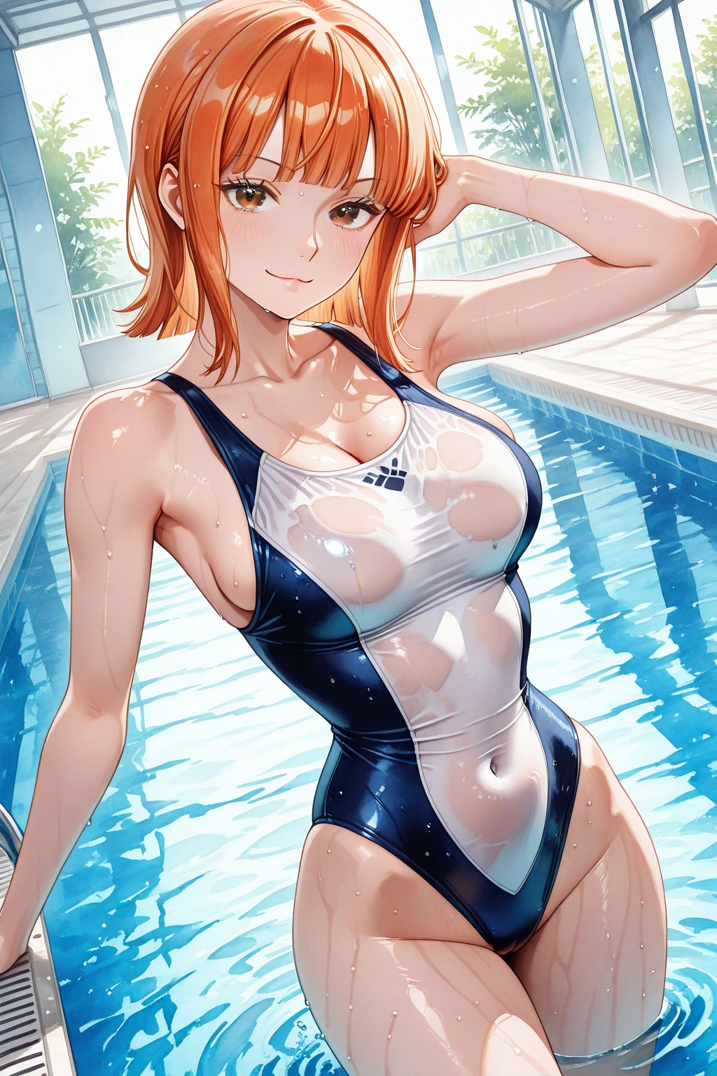 Highest quality、Best image quality、masterpiece、Wet body、独奏, a girl、One woman, (((3 mature woman))), Best Bust、Large Breasts, Cleavage、Beautiful Eyes、Orange Hair、green eyes、Red lips, ((ponytail)), Drill Hair, ((forehead)), (sideburns), Very cute face, Glossy Lips, Double eyelids on both eyes, Tight waist、Beautiful Face、Natural smile、red cheek、white one piece swimsuit, At a tropical pool、sexy pose, bewitching pose, Model Pose, whole body