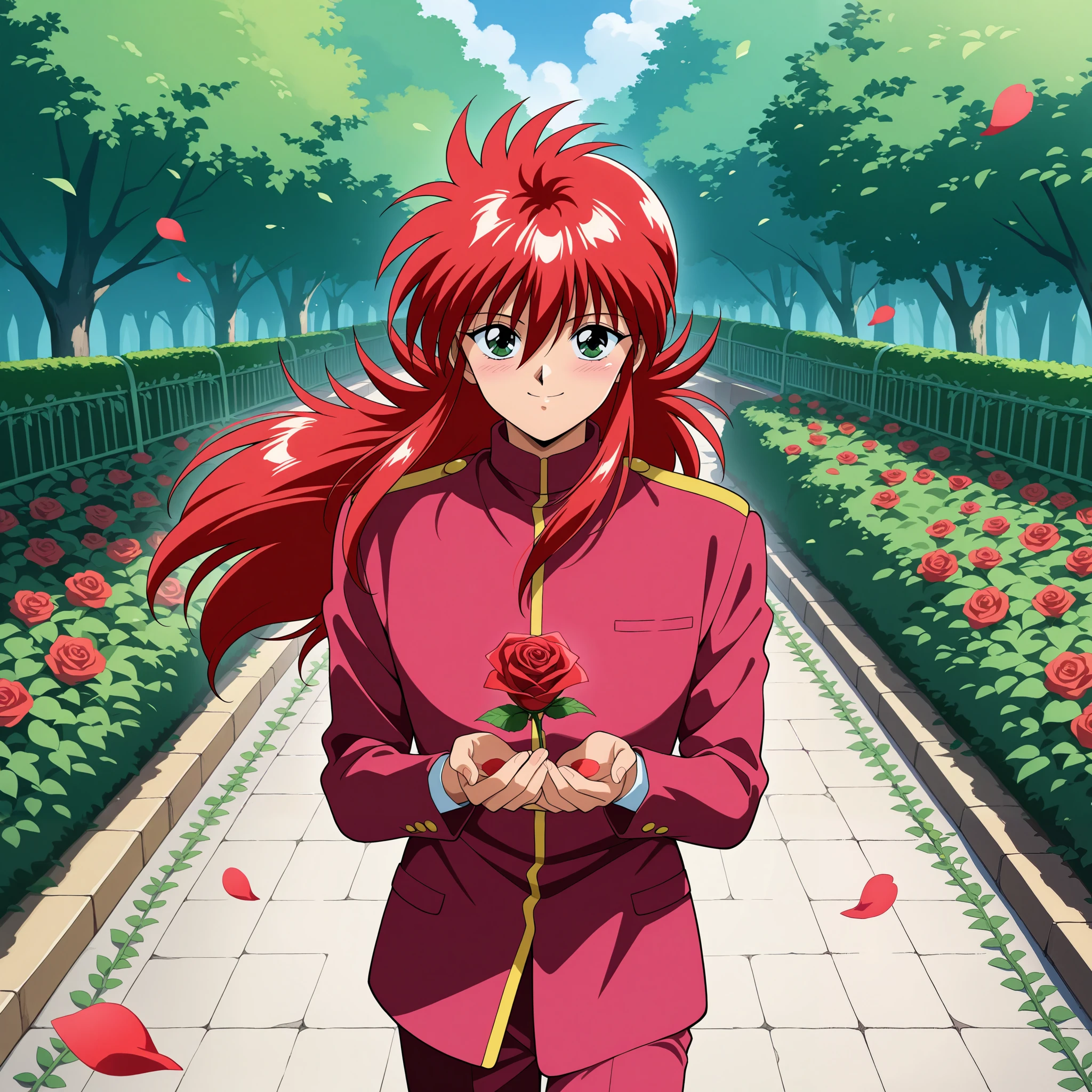 masterpiece, newest, absurdres, safe, 1boy, male focus, solo, Kurama, Yu yu hakusho, Kurama, YuYuHakusho, male, long_hair, red_hair, green_eyes, pretty_boy, bishounen, human_form, Shuichi_Minamino, school_uniform, dark_pink_uniform, long_sleeve_jacket, high_collar, matching_pants, neat, stylish, anime, 90s_anime, walking, smiling, vines, roses, offering a rose, flowery path, blushing, passionate look, looking at the viewer, red hair, leaf, garden, tareme, flipped hair, petals flying, wind, hair between eyes, wide shot, krm_yyh
