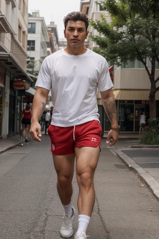 Desi man wearing tight red shorts and a white tank top, barefoot, walking in the jungle