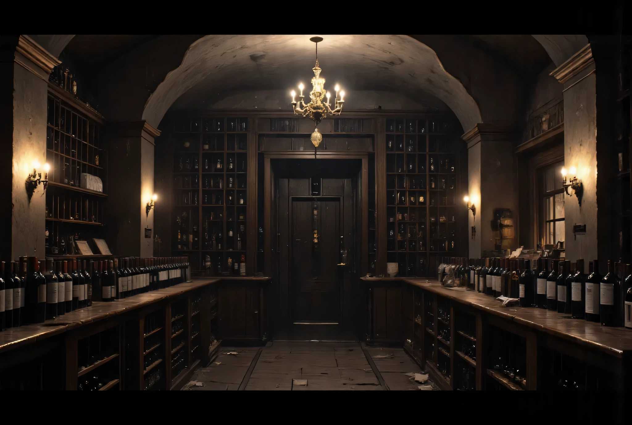 masterpiece, High Definition, Illustration, anime style, Wine Cellar, enveloped in cool, damp air, the scent of earthy stone and aged wine filling your nostrils. Rows upon rows of wine racks, carved from dark wood, stretch into the dimly lit space, holding countless bottles coated in dust and hinting at decades of aging. The silence is profound, broken only by the occasional drip of moisture from the vaulted ceiling. Light is provided by flickering candlelight in sconces along the walls, casting long, dancing shadows that accentuate the depth and mystery of the cellar. A sense of cool stillness and aged sophistication permeates the Wine Cellar, a place dedicated to preservation and indulgence, promising hidden vintages and perhaps clandestine moments.