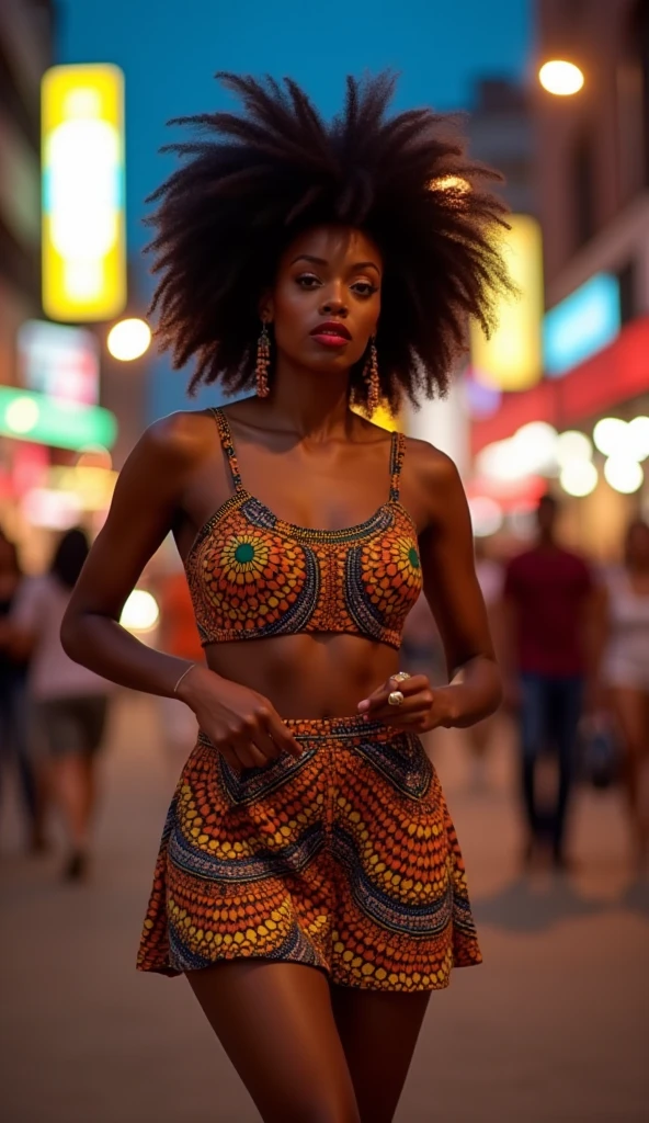 (obra de arte),(melhor qualidade), (fantasia:1.4), (melhor pose), A woman in a reggaeton-inspired outfit: a fitted crop top with bold patterns, high-waisted leather pants, and heeled ankle boots. She accessorizes with chunky gold jewelry, including a statement necklace and hoop earrings. Her pose is confident and sensual, with one hand on her hip and a slight, serious expression. The background features a vibrant urban scene with neon lights, graffiti, and a lively cityscape at night, adding to the energetic and edgy atmosphere. Super Detalhe, preciso, melhor qualidade, Ultra HD, Pele texturizada, vestido longo,
