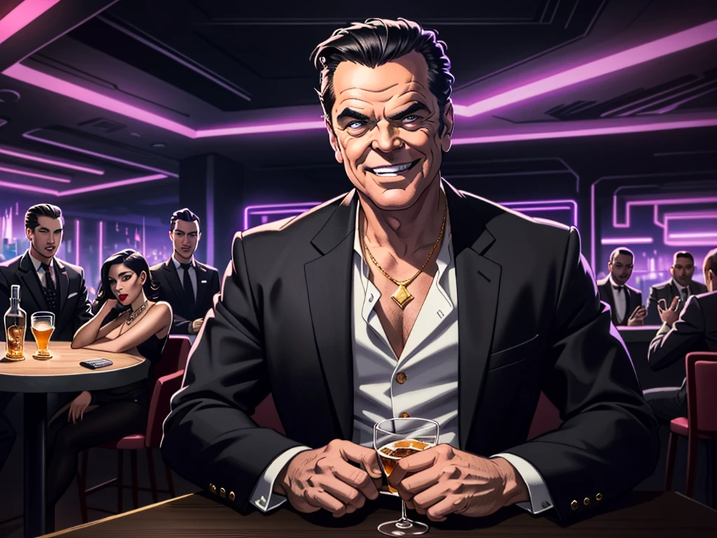 "Background: To create the atmosphere of a club, the background of the cover can be a night scene in a busy city, with illuminated skyscrapers and neon lights shining in the background. This will convey the feeling of a glamorous party, containing the character and the others in a VIP area, box. Main character: Place the Italian gangster in the center of the cover, with a confident and elegant pose. He may be wearing a well-fitted black suit, with a white shirt without a tie. Add jewelry such as watch and rings on his fingers as details. Make sure to highlight his black beard and black hair and dark brown eyes, enhancing his distinctive and charming appearance. Surrounded by women and champagne: Position some women around the gangster, dancing or interacting with he. They may be dressed in glamorous clothing and holding glasses of champagne, adding a touch of luxury to the cover. Extra details: Add interesting visual elements, include musical notes, money, playing cards or other symbols associated with gangster life. Title: Add the song title VIDA DIFFÍCIL in a bold, eye-catching font that represents the energy of the ballad. Use colors like gold, red or white to highlight the title on the cover. Artist: In the bottom corner of the cover, place the name ERRE in a smaller but still legible font" --auto --s2