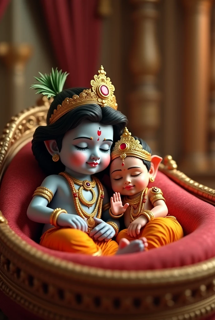closeup portrait of radha & krishna, two thirds view, hyper realistic photograph, detailed face, boy sitting in front and praying write name on cloth - govind