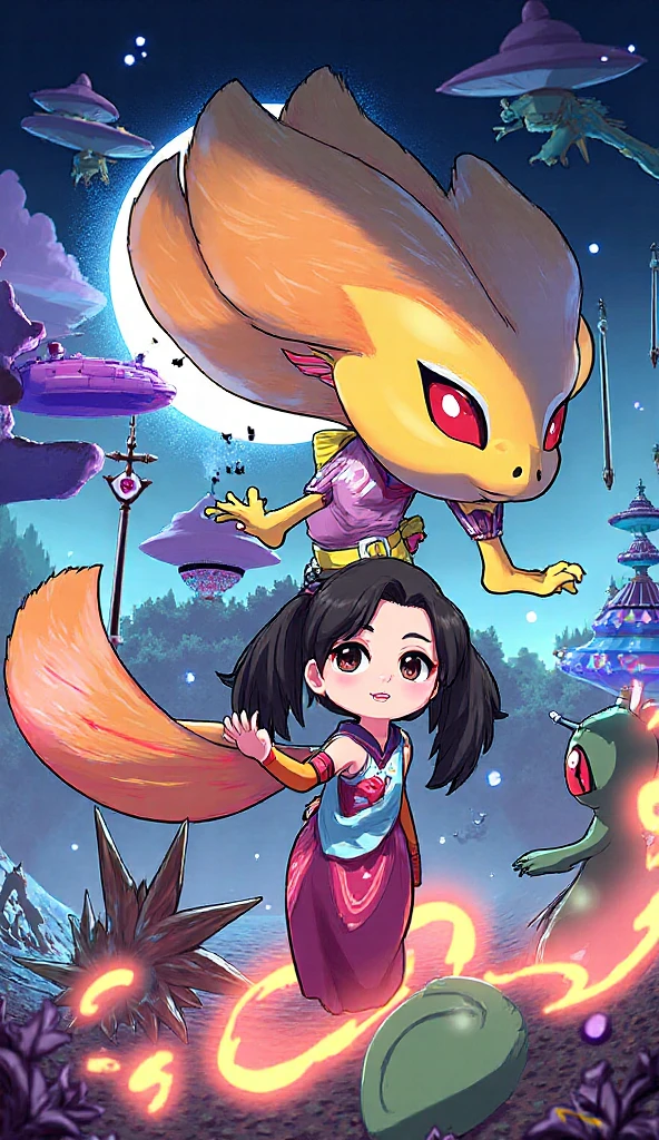 1girl,
yuel \(granblue fantasy\), granblue fantasy, animal ear fluff, [black|blue] hair, blunt bangs, fang, forehead, fox ears, fox girl, (big fluffy fox tail), hair ornament, hair ribbon, long bangs, long hair, purple eyes, bell, sleeveless dress, from behind, :d, lifted by tail, 
outdoors, ancient temple, ruins, rocks, mountains, dusk, sunset, view from underneath, (megastructure high in the sky:1.3), (gigantic explosion far away, nuclear strike:1.2), (dark night, low color gamma, dark colors, low brightness:1.2)
best quality, masterpiece