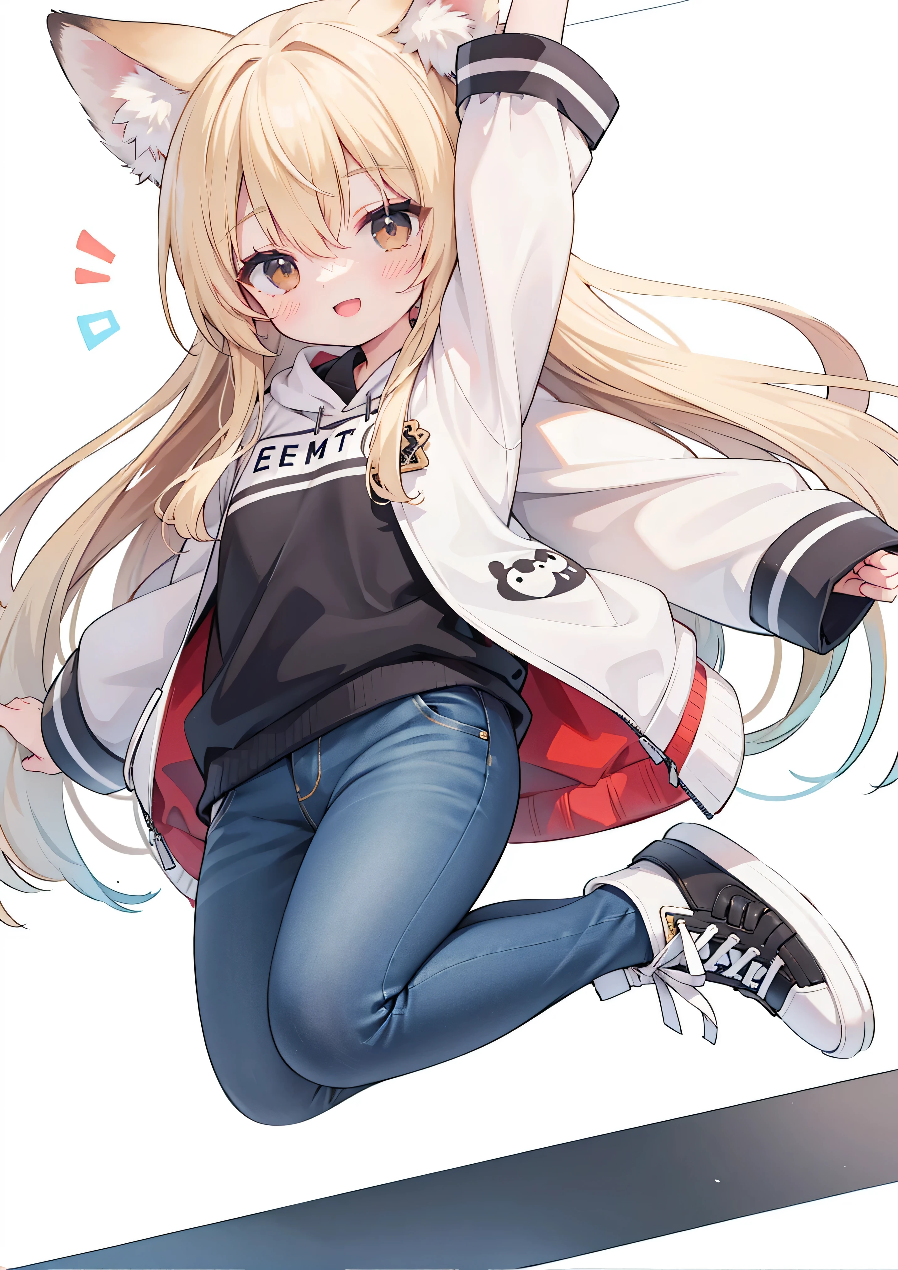 xtremely DetailD的 CG unifieD 8k wallpapers, very nice 8kcg-wallpaper , , best quality ,ultra - DetaileD , nice face , Meisterwerk、 Meisterwerk, erstklassig, 1 girl in, A girl jumps high, best quality , 1 girl in, ”} The explosion , , , allein, Start-up, ssmile, with an open mouth, very sweet smile, looks at the viewer , arms stretcheD wiDe, sand-colored sweater with,hood with giraffe ears on head, , long blonDe hair , jeans, sneaker, longer sleeves ,, Durch Pony,, brown eyes, :D, long flying BlonDe hair, hair between eyes ,Jump up , white backgrounD, Does jeans have on, legs and sneakers are in the picture, Legs bent when jumping, flat chest