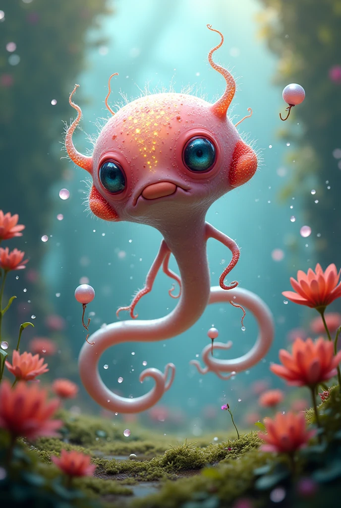 digital art of gradient-colored see-through slime creature , the slime has big anime like eyes without mouth, isekai world, depth of field, nature, sparkling eyes, sparkling aura, pink colors blending seamlessly, high-definition textures, intricate details, perfect lighting, 8k resolution, floating in mid-air, glossy surface, highly detailed, vivid reflections, dynamic composition