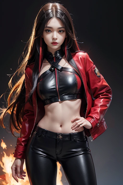 1womanl、(Super beautiful)、(ultra beautiful faces)、(A detailed face)、（Hair with red mesh）Korea person、heavy metal、musicians、spreads her legs、(Metal Fashion)、(Studded Leather Rider's Jacket&Leather Mini Skirt:1.1)、(Small white panties are visible from under the skirt:1.2)、(Clear pubic contours)、（Pubic area shows through）、Large exposed cleavage、bright red lips、Enchanting makeup、Many ornaments、（a necklace&Bracelet&gyuru）garters、high-heels、Sexy Girl, elegant seducing pose、Very seductive poses、Rock Live Stage、At SFW