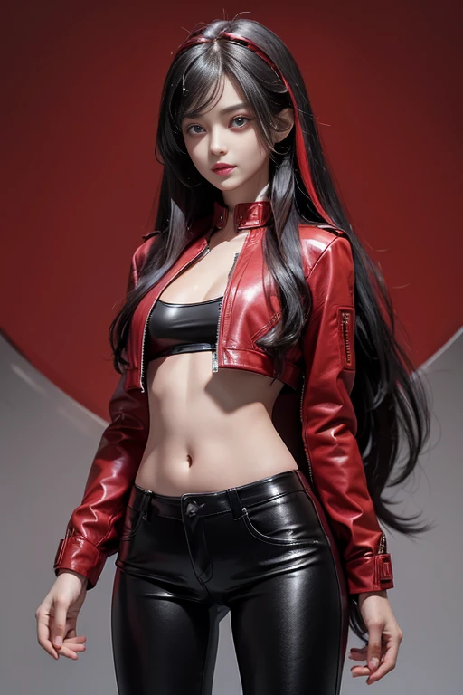 (best quality,4k,high resolution), Cool Girl、((Long straight black hair with red highlights、Red Jacket,Beautifully decorated、Umbilicus、Cross straps、Tight leather pants、))、Full body projection、Buttons、Battle scenes、Sharp eyes、glare、Red Eyeliner、Long eyelashes、Beautiful red eyes、Funny description、Kawaii illustration、Bustling background、