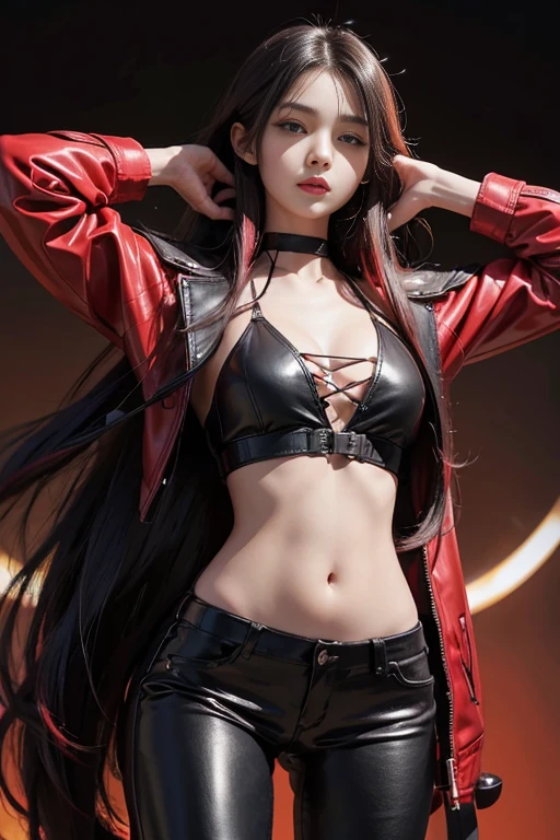 (best quality,4k,high resolution), Cool Girl、((Long straight black hair with red highlights、Red Jacket,Beautifully decorated、Umbilicus、Cross straps、Tight leather pants、))、Full body projection、Buttons、Battle scenes、Sharp eyes、glare、Red Eyeliner、Long eyelashes、Beautiful red eyes、Funny description、Kawaii illustration、Bustling background、