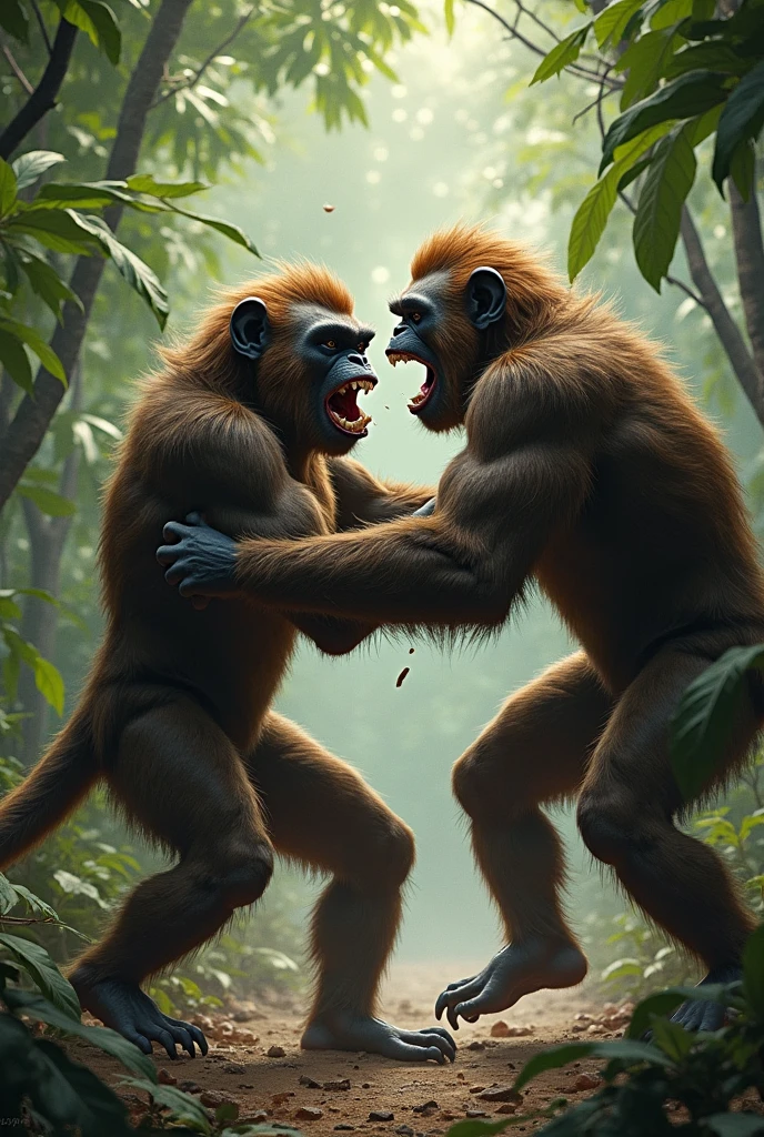 a chimpanzee attacking a quadrupedal brown hyena with dog paws in the middle of a forest