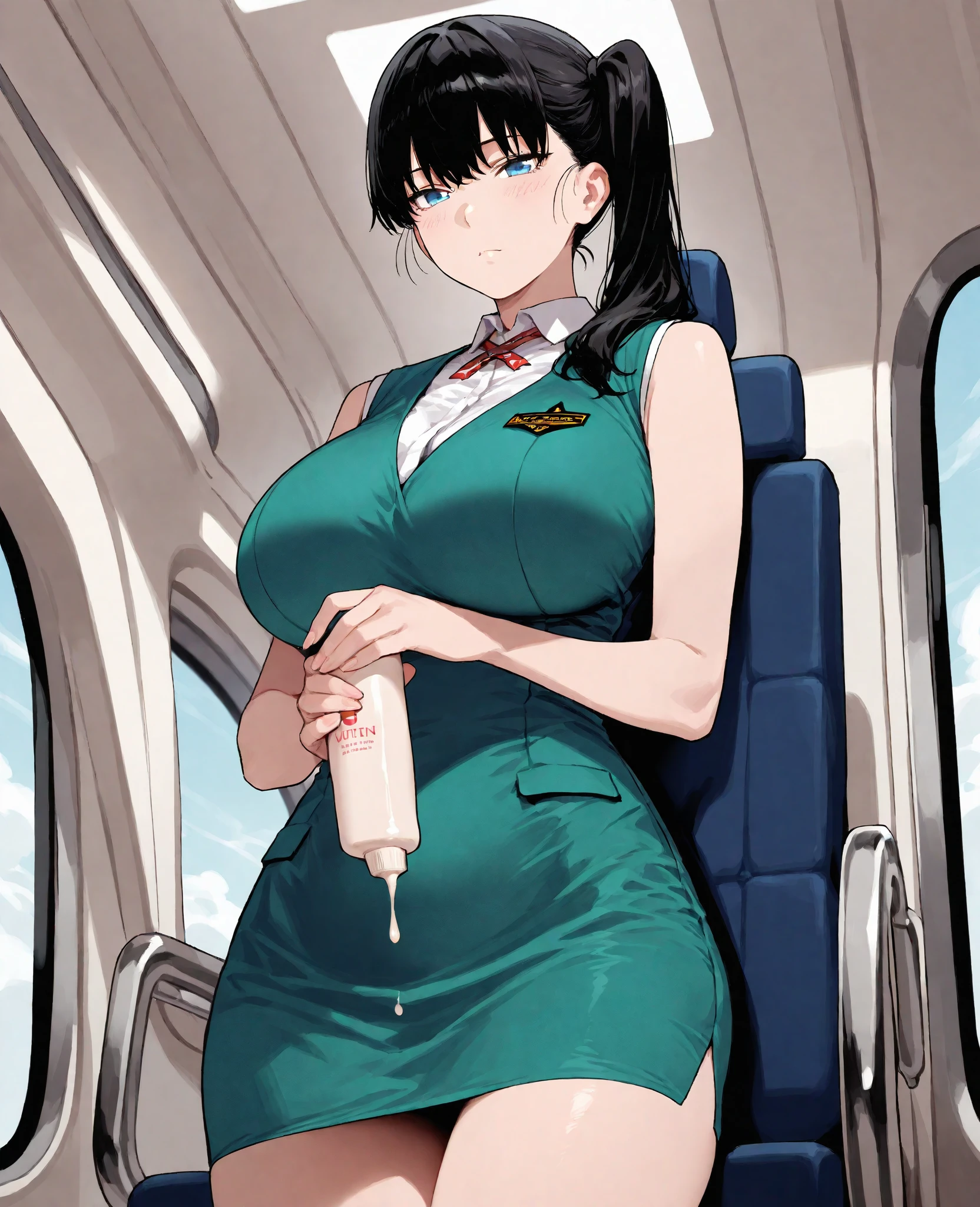 Score_9, score_8_up, score_7_up, score_6_up, score_5_up, score_4_up, source_anime, solo, 1girl, makeup, whore, prostitute, cute female, stewardess, sagging huge breasts, wide hips, thick thighs, BREAK Tomoe gozen, French twist updo hair, stewardess uniform, sleeveless, huge areolae, areola slip, black areolae, earrings, fishnet thighhighs, kneeling, sideview, brown eyes, long eyelashes, looking at viewer, pov, in airplane, crowded passengers, covered nipples, watch, seductive smile, collarbone, head tilt, hairy stomach hair, showing hairy armpit hair, sweating, handjob, hentai atmosphere, bukkake, cum shot from penis, Japanese
