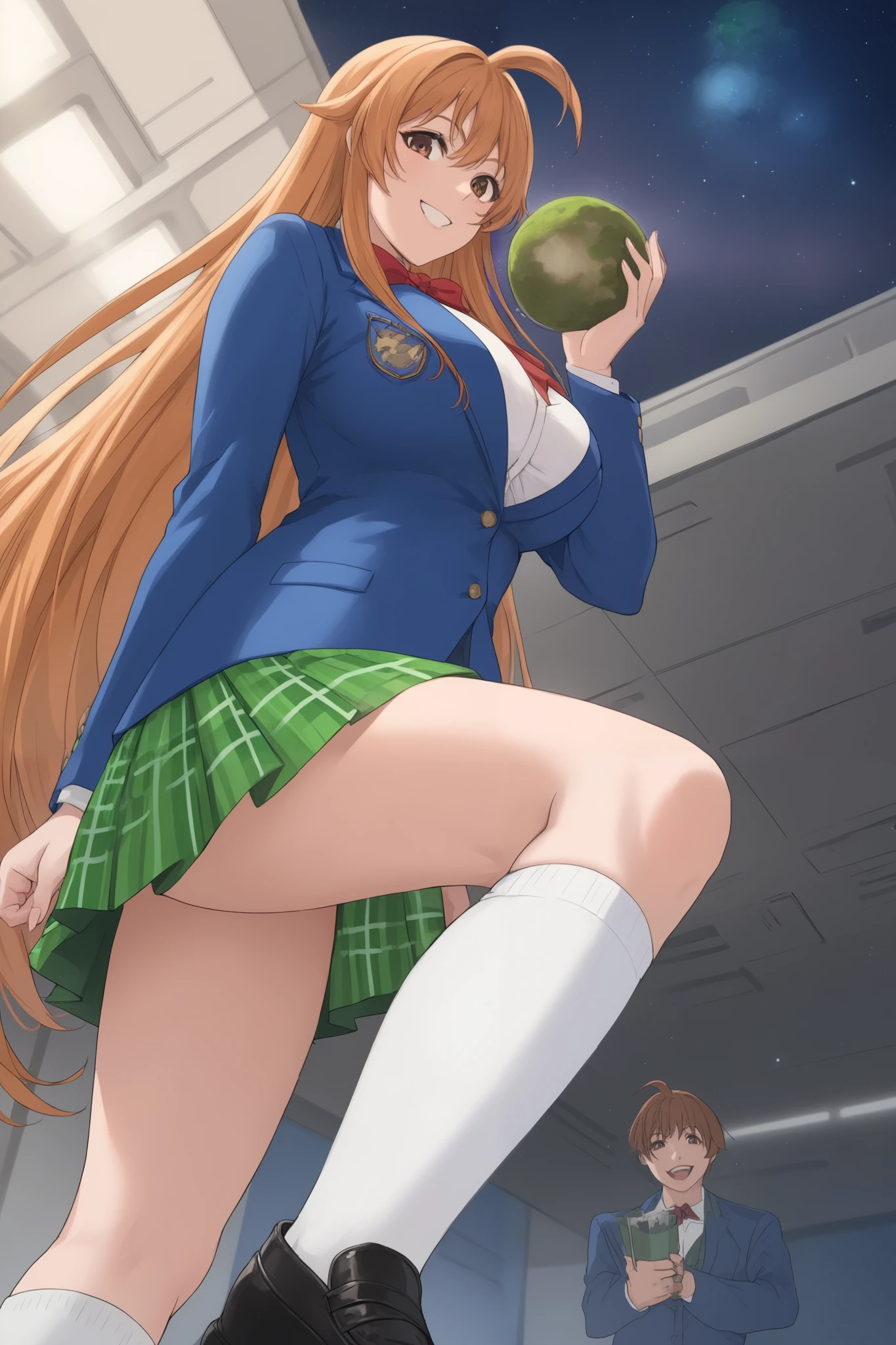 best quality,masterpiece,looking at viewer,absurdres,1girl,score_9,score_8_up,score_7_up,source_anime BREAK natsume aya,orange hair,long hair,brown eyes,ahoge,breasts,white ,skirt,bow,plaid,large breasts,jacket, plaid, green plaid skirt, blue blazer, evil smile, white socks, black shoes, standing, space, planets, giga giantess, front below, standing, eating planet