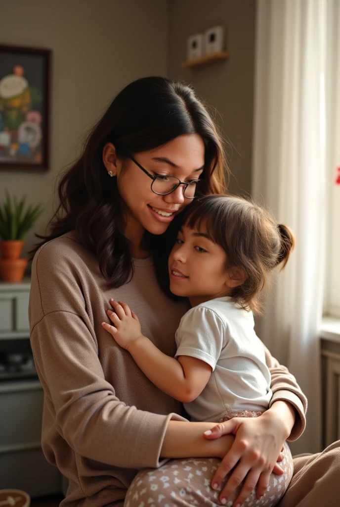 Illustrate a warm and attractive single mother named in her twenties. She is Indonesian. She should be depicted in a cozy, homey setting, perhaps cooking or spending time with her children. Her appearance is stylish yet maternal, radiating kindness and warmth. The scene should reflect her nurturing nature and her love for family.