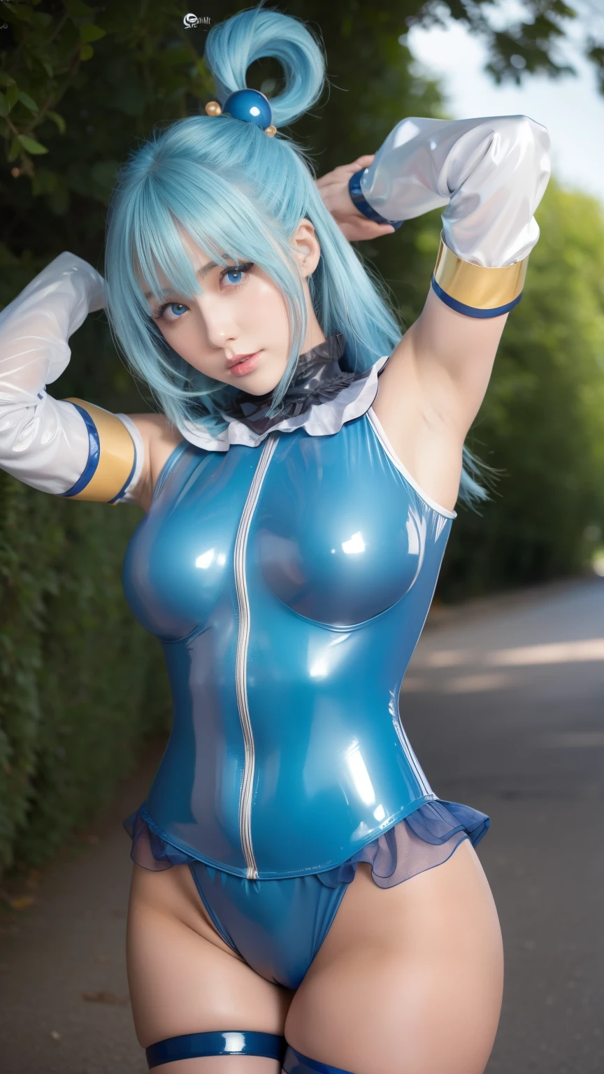 top quality , 8k, super detailed , Photographically Faithful, Best lighting, beautiful face, Best lighting, beautiful face, Konosuba aqua, Light Blue, Beautiful Goddess, ( 1 girl:1.4), Black and blue latex outfit, White latex sleeves, charming atmosphere,arms behind head, armpits, sweaty armpits, showing armpits, big breasts in tight latex