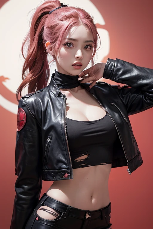 1 woman,masutepiece,Best Quality,High contrast,((Perfect Eye)),((Pink eyes)),((Perfect face)),parted_Lips,((red color flame background)),(Black leather jacket),(Black leather pants),Ponytail,8K,