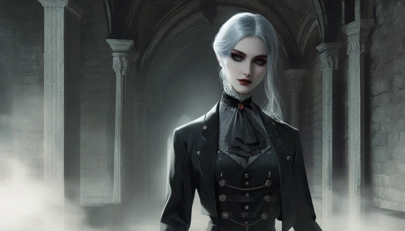 female vampire|albino,pale porcelain skin, vintage black dress, smile, the growling wolf, shallow depth of field, sadistic, nightfall, detailed face, night,wide hips,narrow waist,detailed eyes, portrait of woman standing,8k RAW photo, highest quality, (looking at the viewer:1.3), best shadow, intricate details, (bold hair:1.3),(bright eyes),forest, grave,gothic,goth,(thunder-storm:1.2),((intricate details)), detailed eyes, (hdr:1,2), ((intricate details, hyperdetailed)), half black hair, half white hair